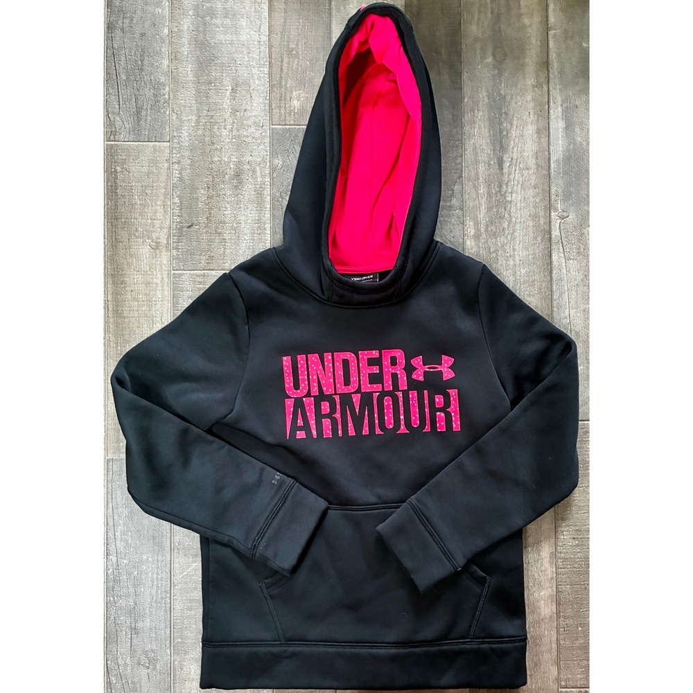 Under Armour Girls Pullover Hoodie Sweatshirt Black Pink Dot Logo Youth S